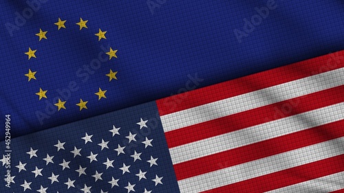 European Union and USA United States of America Flags Together, Wavy Fabric, Breaking News, Political Diplomacy Crisis Concept, 3D Illustration