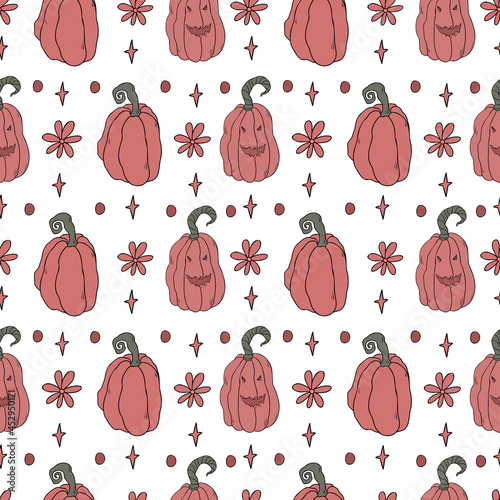 Seamless pattern with hand drawn pumpkins. Cute design for Halloween decorations. Vector seamless pattern. Vector illustration