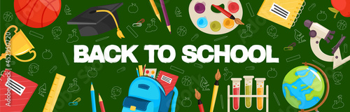 Back to school horizontal banner with school stationery and supplies. Vector illustration 