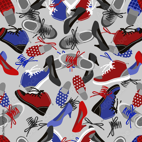 Background of different shoes red gray seamless background. Vector illustration