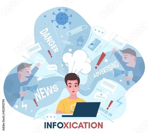 Information overload, infoxication. Politics, covid-19, internet advertising, social media news, vector illustration.