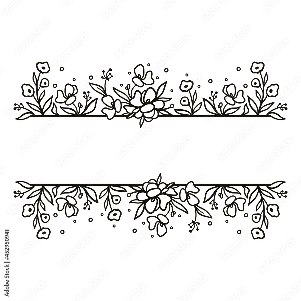 Vector black and white floral border of hand drawn buds and leaves in sketch style. Beautiful template for invitations, greeting cards. Vector black and white floral border of hand drawn buds and leaves in sketch style. Beautiful template for invitations, greeting cards.