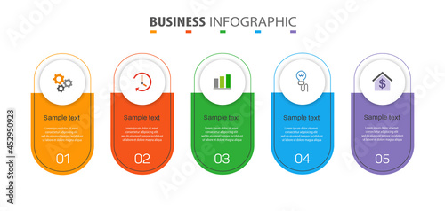 Business infographic design template with 5 options or steps. Can be used for process diagram, presentations, workflow layout, banner, flow chart, info graph