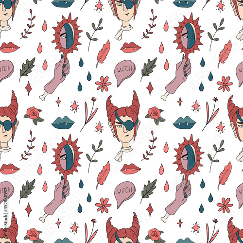 Seamless pattern with hand drawn witch. Cute design for Halloween decorations. Vector seamless pattern. Vector illustration