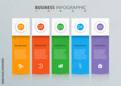 Business infographic design template with 5 options or steps. Can be used for process diagram, presentations, workflow layout, banner, flow chart, info graph