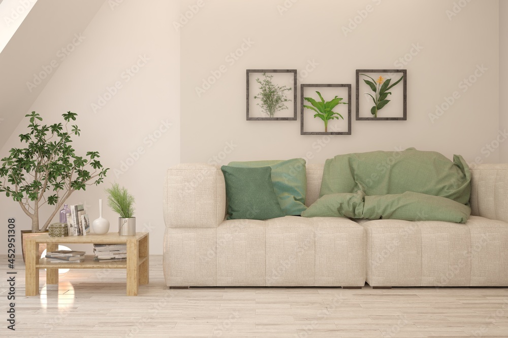 Fototapeta premium White living room with sofa. Scandinavian interior design. 3D illustration