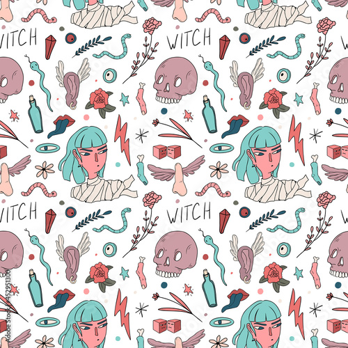 Seamless pattern with hand drawn witch and skulls. Cute design for Halloween decorations. Vector seamless pattern. Vector illustration