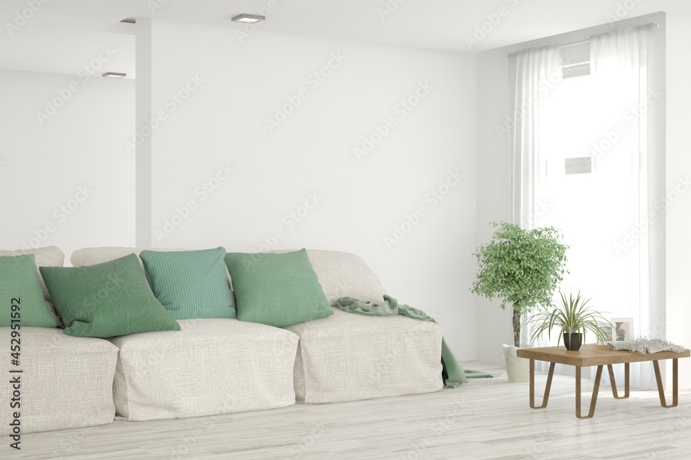 White living room with sofa. Scandinavian interior design. 3D illustration White living room with sofa. Scandinavian interior design. 3D illustration