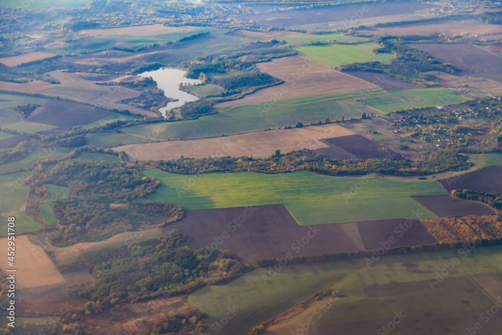 Aerial view of the fields and river
