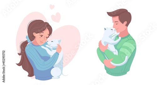 Happy pet owners with puppy and kitten, vector illustration. Girl and boy petting dog, cat. Domestic animals care, love.