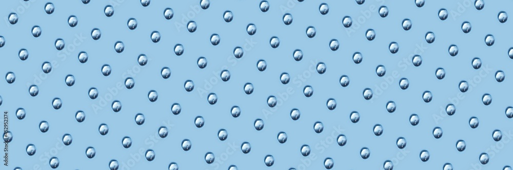 Web banner with repeating water drops pattern on blue background. Cosmetic and skin care shop website branding, space for text copy