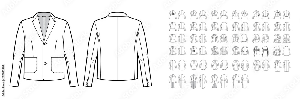 Set of jackets, coats, outerwear technical fashion illustration with oversized, thick, hood collar, long sleeves, pockets. Flat coat template front, back white color. Women men unisex top CAD mockup - obrazy, fototapety, plakaty 