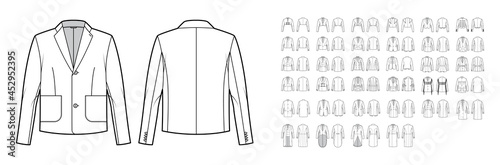 Set of jackets, coats, outerwear technical fashion illustration with oversized, thick, hood collar, long sleeves, pockets. Flat coat template front, back white color. Women men unisex top CAD mockup