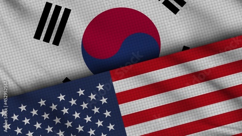 South Korea and USA United States of America Flags Together, Wavy Fabric, Breaking News, Political Diplomacy Crisis Concept, 3D Illustration