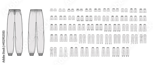 Set of Sport training pants shorts Activewear technical fashion illustration with elastic normal low waist, pockets, Relaxed fit. Flat bottom template front, back, grey color. Women men unisex mockup