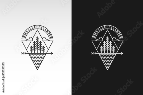 pine evergreen fir hemlock spruce conifer cedar coniferous cypress larch pinus tree forest vintage retro hipster line art Logo design with triangle