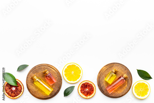 Aroma therapy with citrus essential oil. Top view