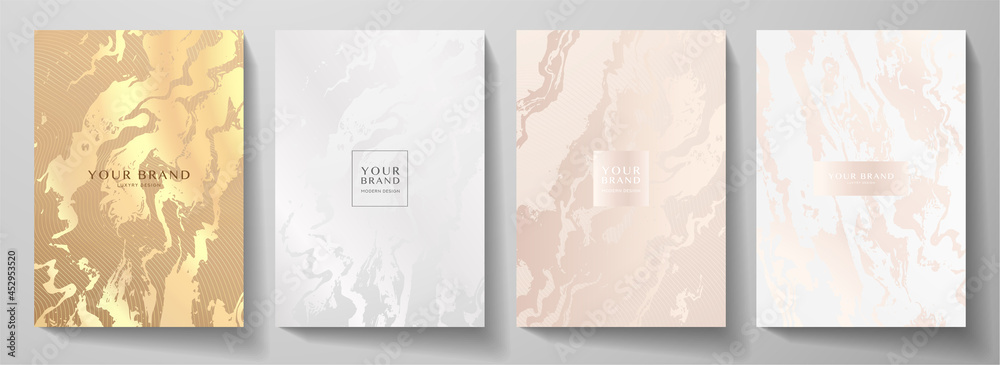 Modern elegant cover design set. Luxury fashionable background with light abstract marble pattern. Elite premium vector template for makeup catalog, brochure, flyer layout, presentation - obrazy, fototapety, plakaty 