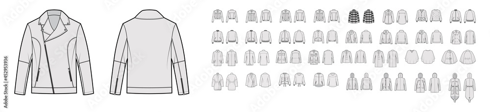 Set of coats, jackets, outerwear technical fashion illustration with ...