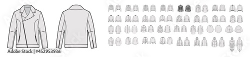 Foto Set of coats, jackets, outerwear technical fashion illustration with oversized, thick, hood collar, long sleeves, pockets