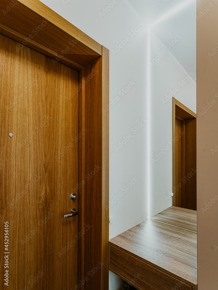 Modern interior of new apartment. Entrance hall. Wooden door. Modern interior of new apartment. Entrance hall. Wooden door.
