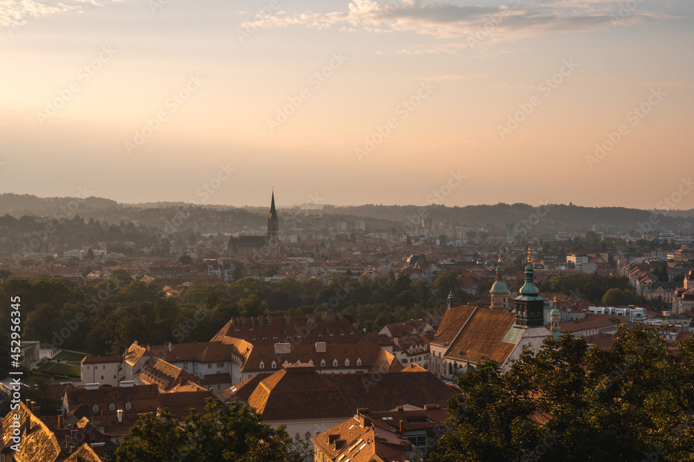 View of Graz city from above at sunrise, Austria, in summer.European touristic destination