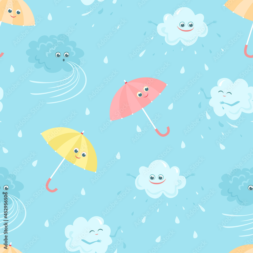 Funny cute clouds, smiling colored umbrellas, wind and rain seamless pattern. Children's cartoon background. Vector flat illustration. Funny cute clouds, smiling colored umbrellas, wind and rain seamless pattern. Children's cartoon background. Vector flat illustration.