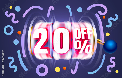 Up To 20 off sale banner, promotion flyer, Slots label. Vector
