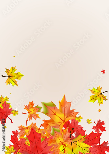 Red Foliage Background Beige Vector. Floral Tree Card. Ocher Ground Leaf. Decoration Leaves Design.