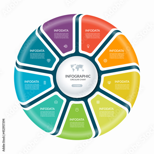 Infographic circle with 9 steps, parts. Vector process chart, cycle diagram for business presentation, report, brochure, web, data visualization.