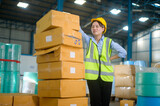 An Asian engineering  woman is working  in modern warehouse
