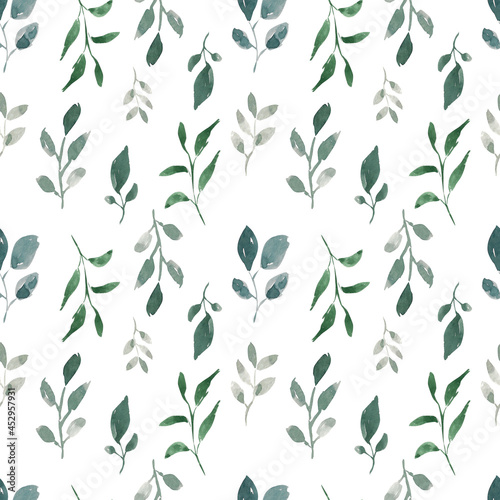 Watercolor seamless pattern from flora elements. Greenery seamless design on white background