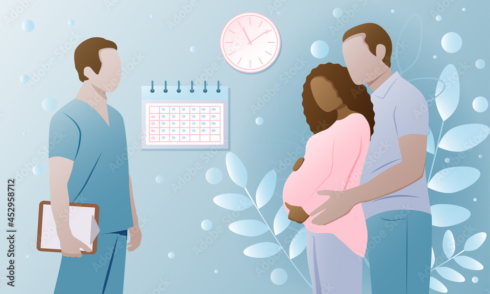 A happy mixed-race couple expecting a child at a doctor's appointment. Healthcare, pregnancy, medicine. Vector illustration. A happy mixed-race couple expecting a child at a doctor's appointment. Healthcare, pregnancy, medicine. Vector illustration.
