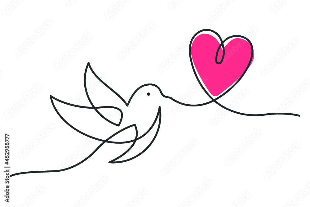 Continuous line drawing of bird carrying a red heart. Bird flying with heart. Vector illustration Continuous line drawing of bird carrying a red heart. Bird flying with heart. Vector illustration