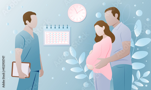 A happy couple expecting a baby at a doctor's appointment. Healthcare, pregnancy, medicine. Vector illustration.