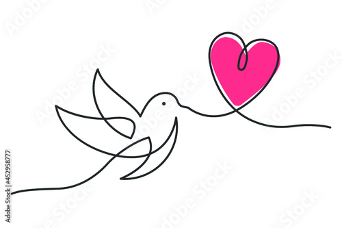 Continuous line drawing of bird carrying a red heart. Bird flying with heart. Vector illustration