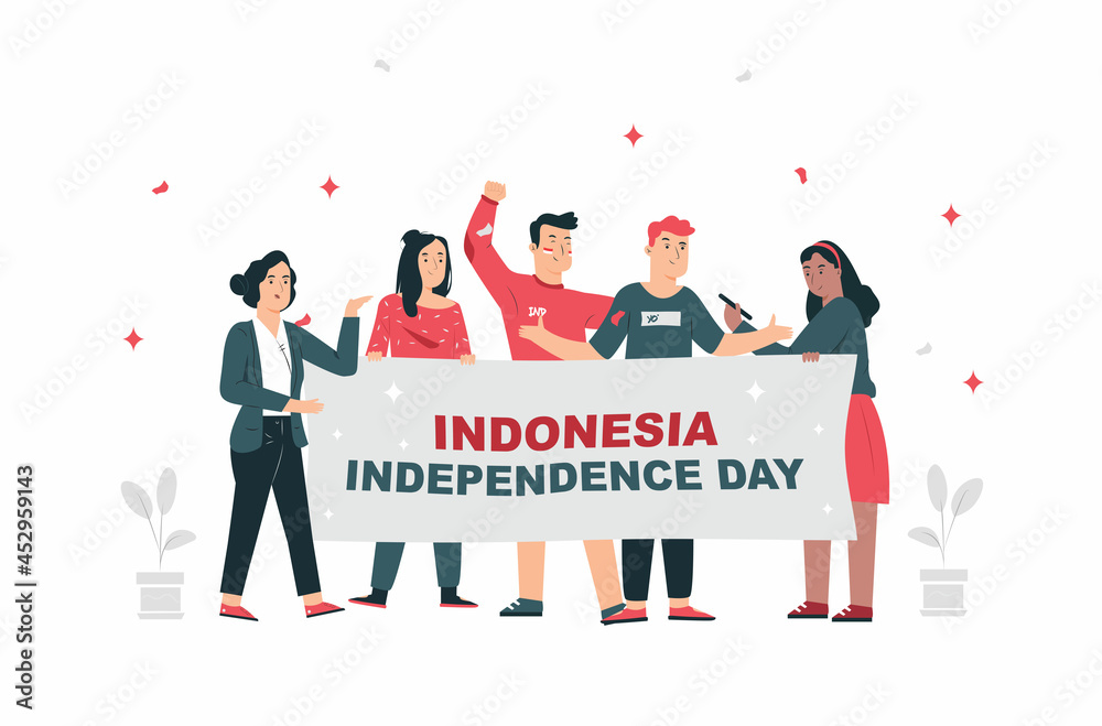 Indonesia Happy Independence Day greeting card with hands clenched, Spirit of freedom symbol people Indonesia Happy Independence Day greeting card with hands clenched, Spirit of freedom symbol people