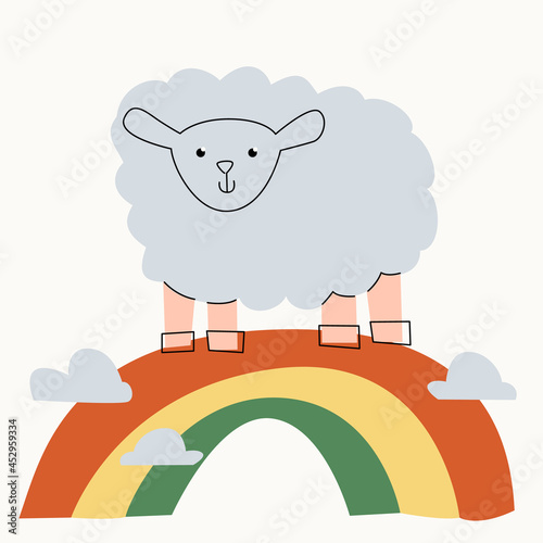 Illustration of a lamb on a rainbow among clouds on an isolated background. Dusty pastel colors. Modern flat style