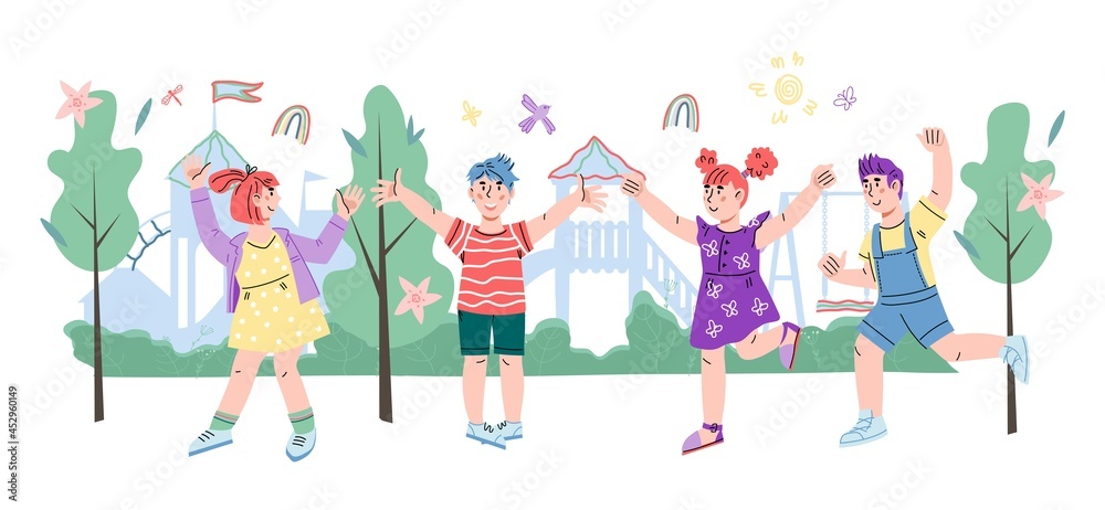 Happy smiling children boys and girls on playground, flat cartoon vector illustration isolated on white background. Kids playing in park or on playground.
