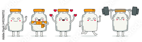Cute mason glass jar cartoon character set 1 of waving, wearing scarf, spreading love, running and weight lifting