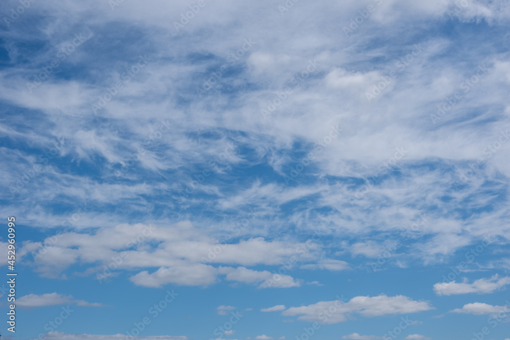 Beautiful blue panorama with fluffy cumulus clouds in the blue sky. Perfect background of blue sky and white clouds for your photos, mockup for design, use for sky replacement