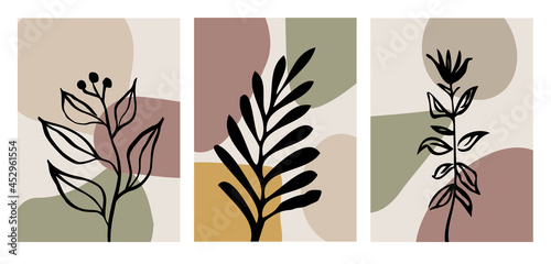 Abstract posters art set. Hand drawn various plants with shapes scenes in natural colors. Trendy contemporary design