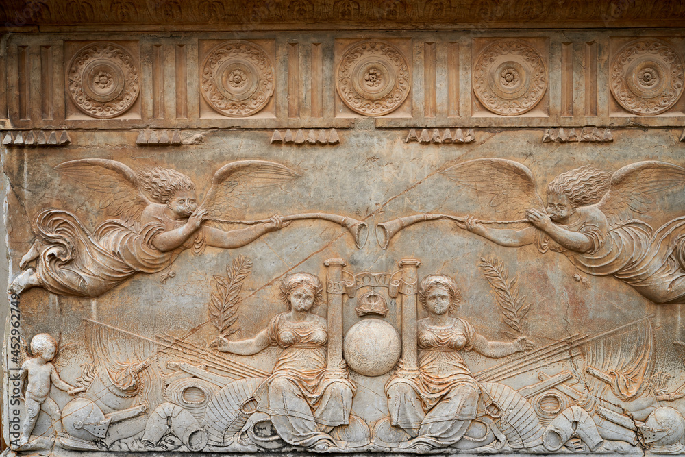 Stone relief in the Palace of Carlos V in the Alhambra in Granada in Spain