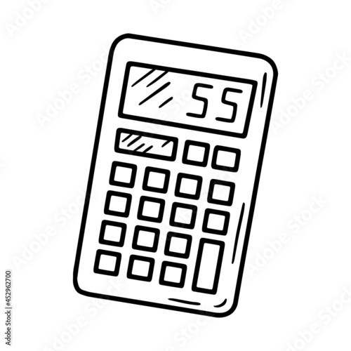 Linear vector icon of the school calculator in doodle sketch style