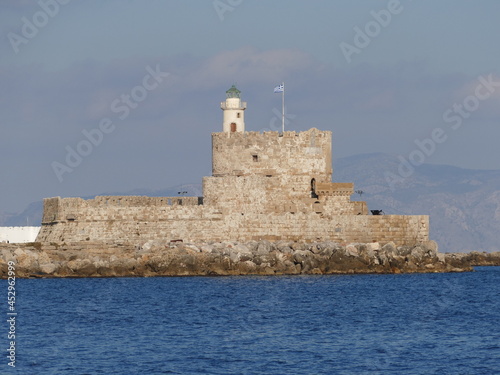 The fortress of Agios Nikolaos at the head of the Mandraki port of Rhodes Town, Rhodes, Greece