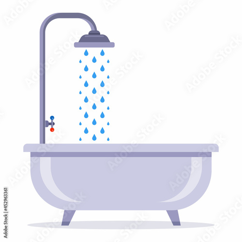 bath with a tap with water. wash in the shower. flat vector illustration.