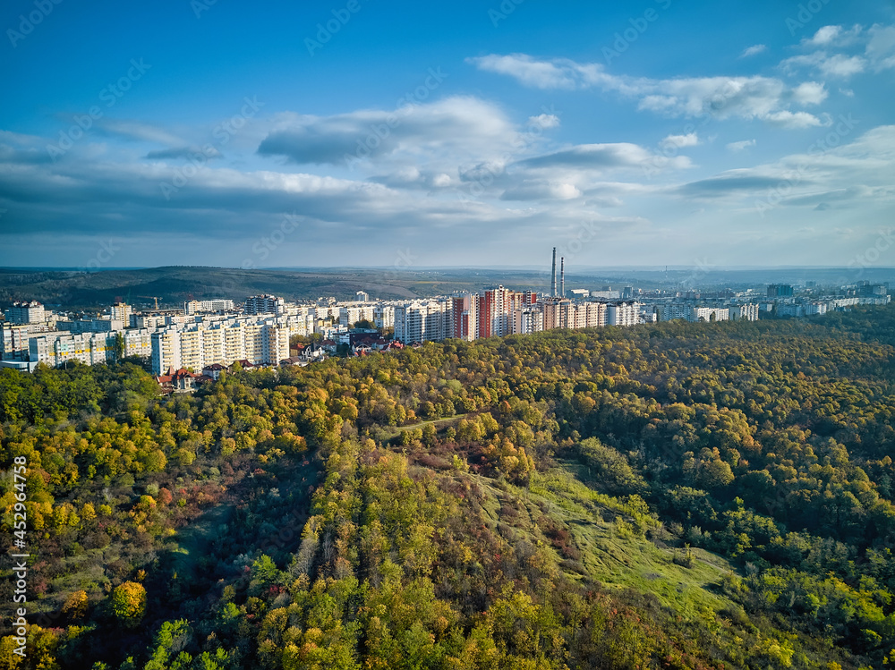 Aerial view of the city at sunset. Beautiful autumn city landscape. Kishinev, Moldova republic of.