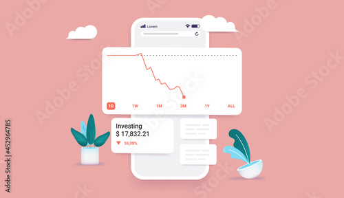 Investing app on smartphone with negative portfolio - Phone screen showing negative stock market chart. Loosing money in stock market concept. Vector illustration.