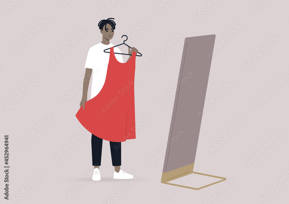 A young male Black character trying a dress in a fitting room, fashion industry and gender identity, cross dressing A young male Black character trying a dress in a fitting room, fashion industry and gender identity, cross dressing