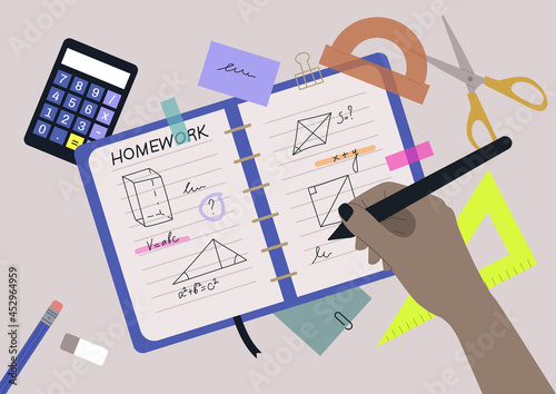 A top view of a geometry class homework, a stationery set